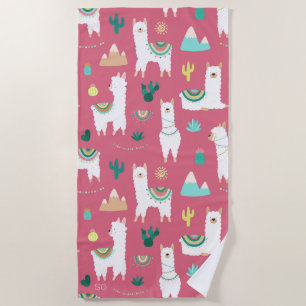 Serviette De Plage Monogramme Motif rose de la llama mignonne et du c