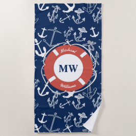 Serviette De Plage Monogramme nautique Ancre bleu marine Motif