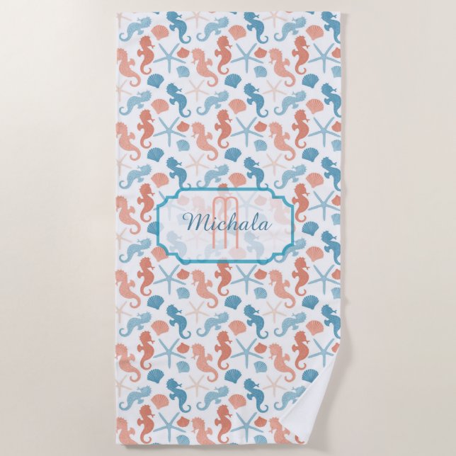 Serviette De Plage Monogramme Nautique Bleu Tangérine (Devant)