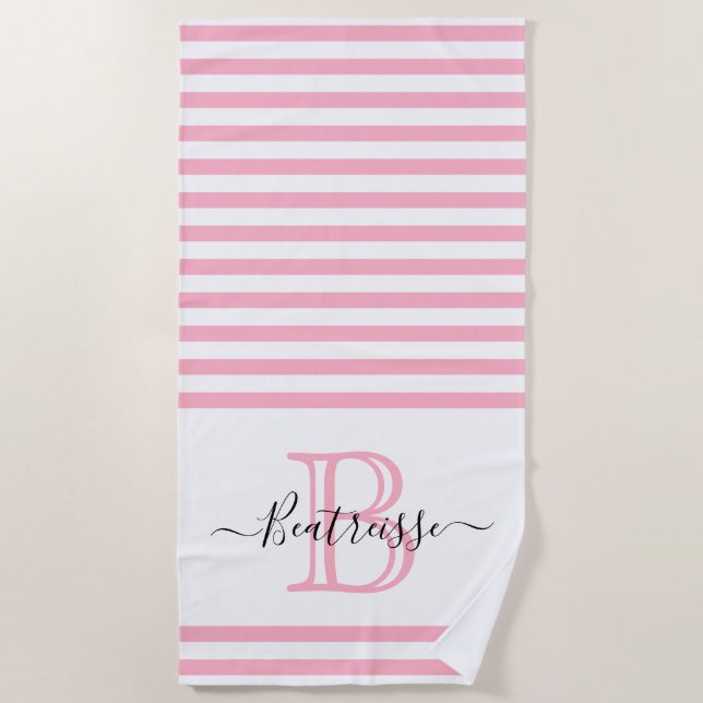 Serviette De Plage Monogramme Nautique Ligne Rose Bleu Simple Initial (Devant)