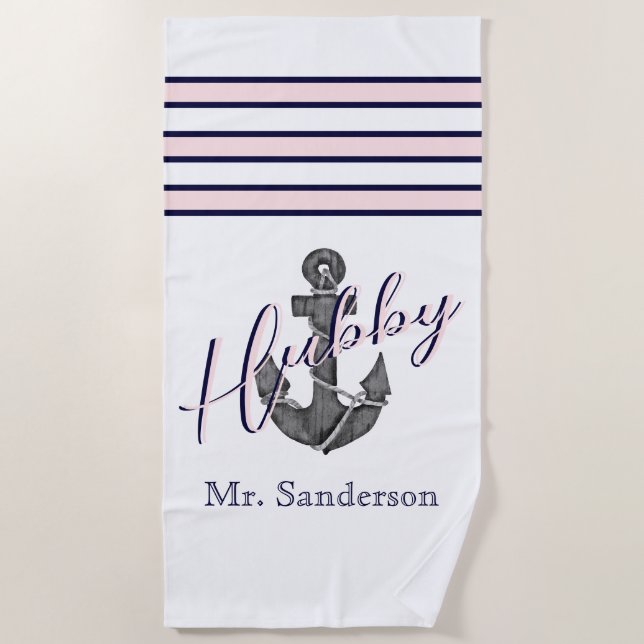 Serviette De Plage Monogramme nautique rose et Ancre bleu marine (Devant)