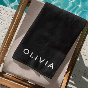 Serviette De Plage Monogramme noir et nom personnalisé Élégant