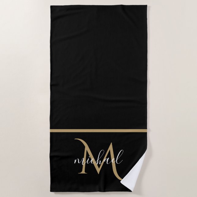 Serviette De Plage Monogramme noir et or Elégant luxe (Devant)