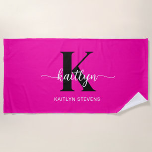 Serviette De Plage Monogramme noir rose chaud