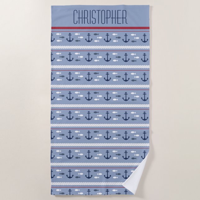 Serviette De Plage Monogramme Nom Bleu Marine Blanc Rouge Ancres naut (Devant)