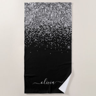 Serviette De Plage Monogramme Nom Paillettes Argent Noir Fille