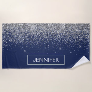Serviette De Plage Monogramme Nom Paillettes Bleu Marine Argenté Fémi