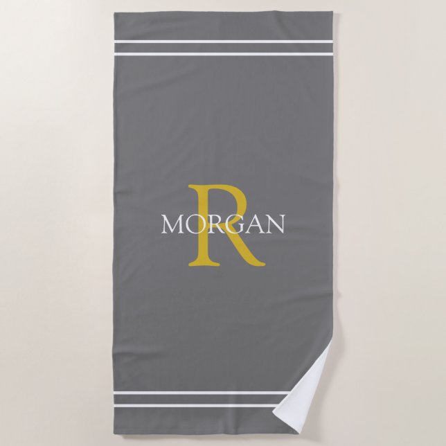 Serviette De Plage Monogramme/Nom, Texte Or/Wht, Gris, Gris (Devant)