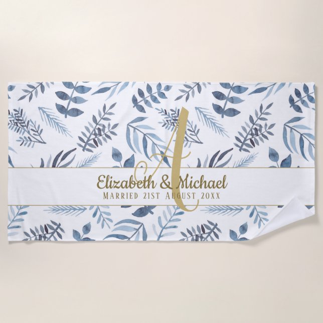 Serviette De Plage Monogramme or Azure Blue Botanical Feuille Mariage (Devant)