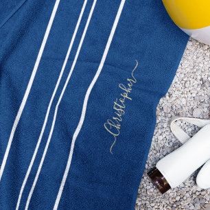 Serviette De Plage Monogramme Or Marine Bleu Blanc Racing Stripes Poo