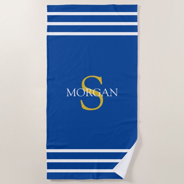 Serviette De Plage Monogramme Or & Nom Blanc, Blancs, Bleu Dp (Devant)