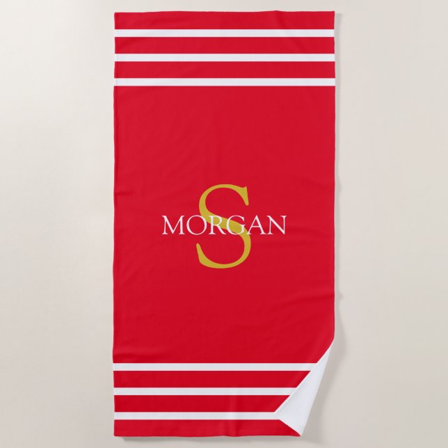Serviette De Plage Monogramme Or/Nom Blanc Blancs, Rouge (Devant)