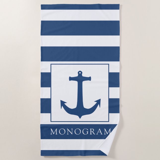 Serviette De Plage Monogramme personnalisé Ancre bleu marine (Devant)