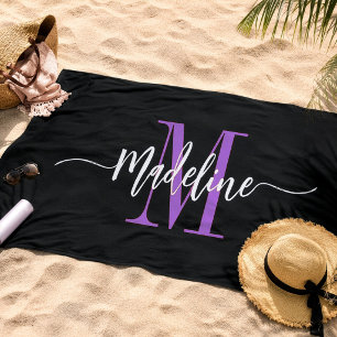 Serviette De Plage Monogramme personnalisé de nom élégant noir violet