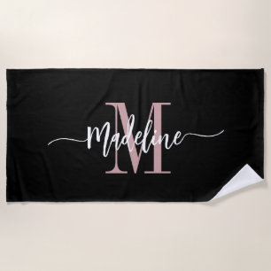 Serviette De Plage Monogramme personnalisé de style élégant en noir e
