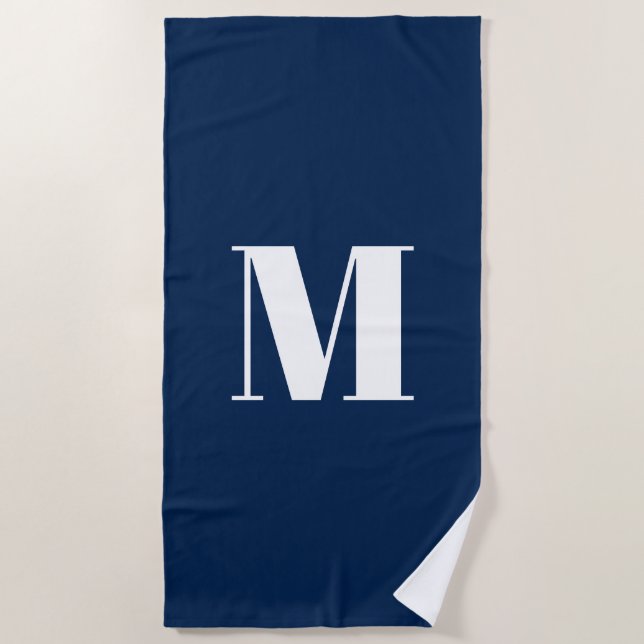 Serviette De Plage Monogramme personnalisé marine initiale bleu blanc (Devant)