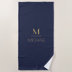 Serviette De Plage Monogramme Personnalisé   Nom Bleu Marine & Or