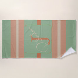 Serviette De Plage Monogramme personnalisé rayure sauge corail Bohème