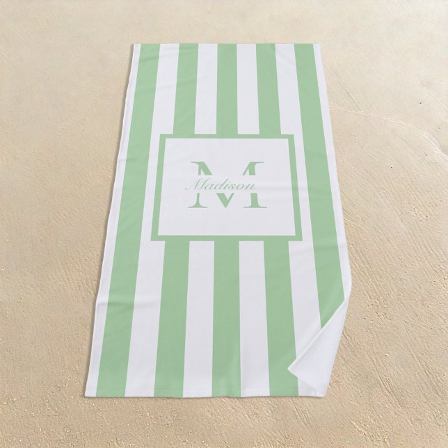 Serviette De Plage Monogramme personnalisé Retro Aesthétique Vert Bla (Créateur téléchargé)