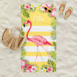 Serviette De Plage Monogramme Rayure Flamant Jaune Tropical