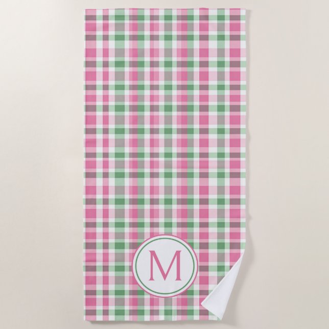 Serviette De Plage Monogramme rose et vert preppy (Devant)