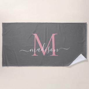 Serviette De Plage Monogramme rose gris clair moderne Script féminin