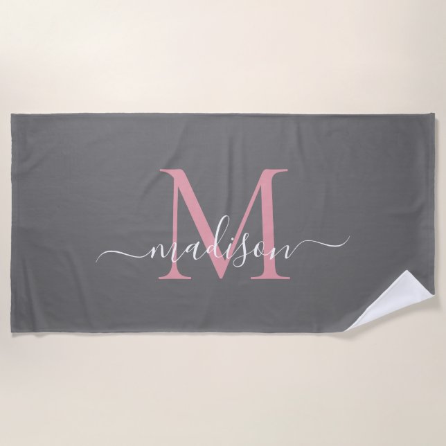 Serviette De Plage Monogramme rose rose gris moderne Script féminin (Devant)