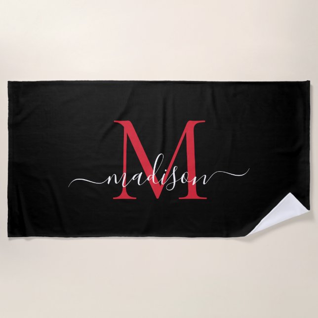 Serviette De Plage Monogramme rouge noir Bourgogne féminine Script fé (Devant)