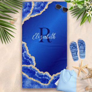 Serviette De Plage Monogramme Royal Blue and Gold Elegant Marble
