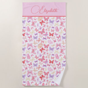 Serviette De Plage Monogramme Script Rose Violet Jaune Papillons