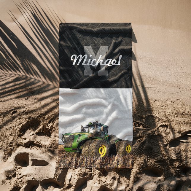 Serviette De Plage Monogramme Tracteur Agriculture Tillage Hommes Équ (Tractor fun vacation monogram beach towel gifts equipment for farmers)