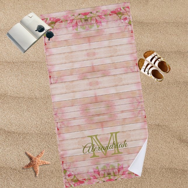 Serviette De Plage Monographie de famille de bois rose fleuri rustiqu (Créateur téléchargé)