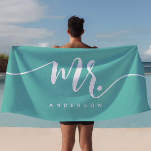 Serviette De Plage Monsieur sarcelle et blanc jeune marié personnalis