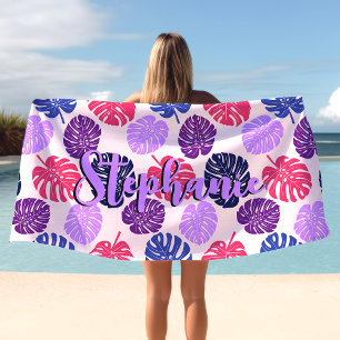 Serviette De Plage Monstera Feuilles Tropical Purple Pink Nom du scri