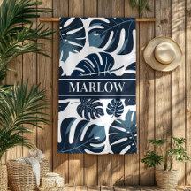 Monstera Leaf Navy & White Tropical Beach Towne