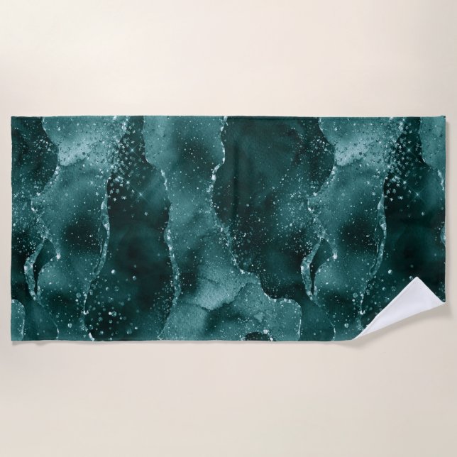 Serviette De Plage Moody Agate | Turquoise Vert Malachite Riche Joyau (Devant)