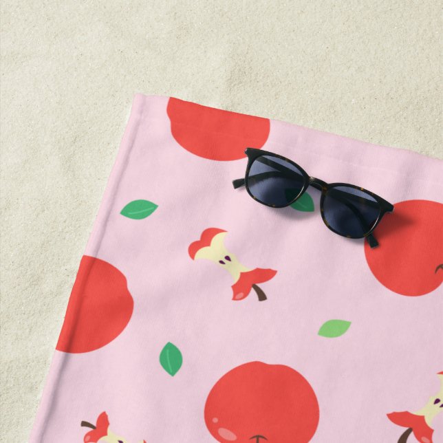 Serviette De Plage Motif à la pomme mignonne avec Arrière - plan rose (En situation)