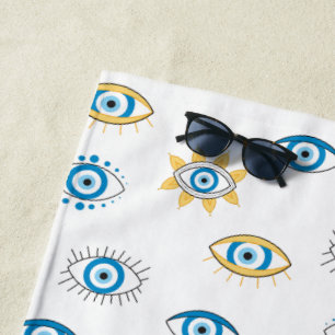 Serviette De Plage Motif bleu, or et blanc de l'oeil grec Mati