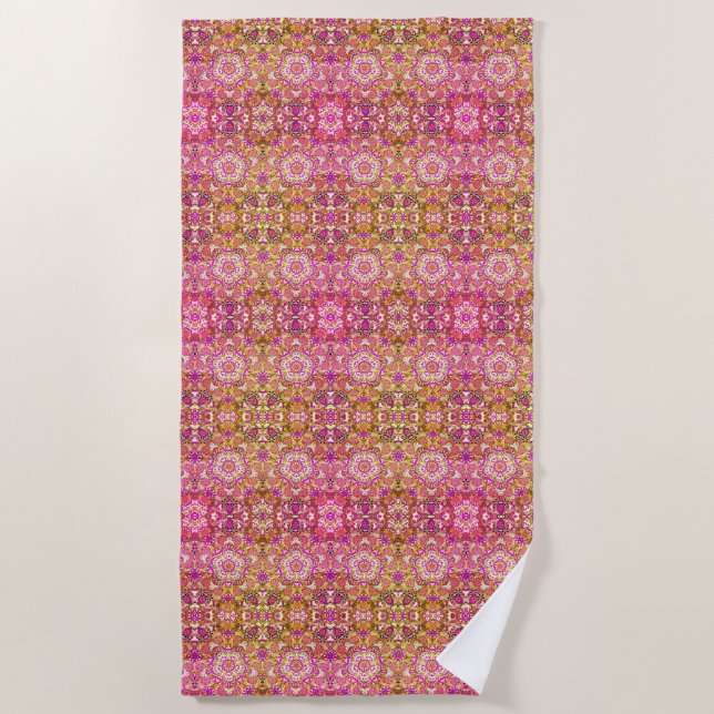 Serviette De Plage Motif Boho rose et jaune doré (Devant)