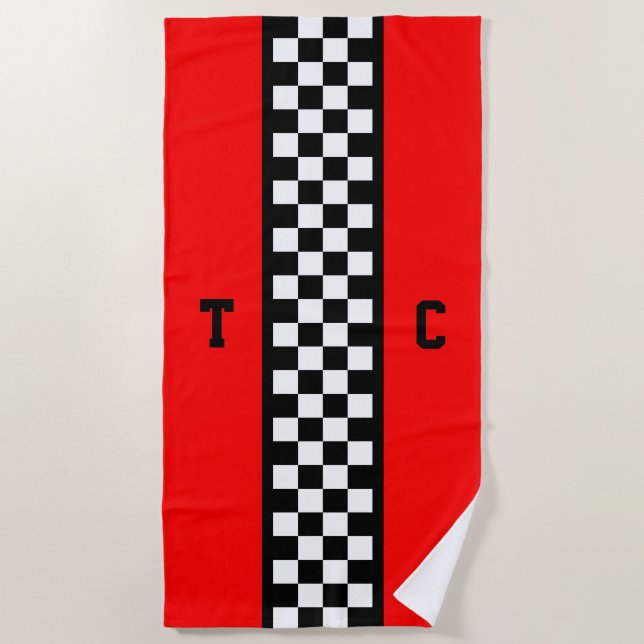 Serviette De Plage Motif Checkered de voiture de course de monogramme (Devant)