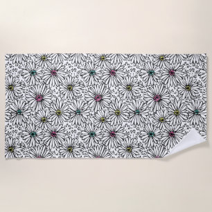 Serviette De Plage Motif coloré noir + blanc marguerites