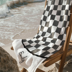 Serviette De Plage Motif damier noir peint personnalisé