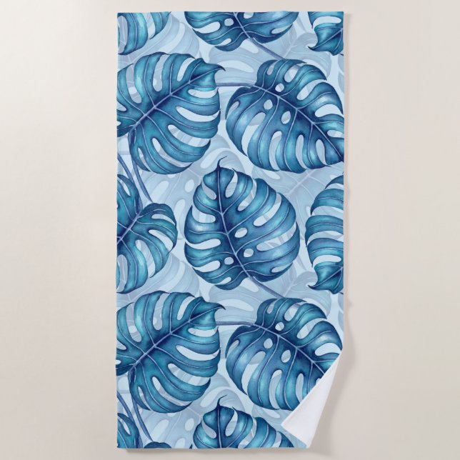 Serviette De Plage Motif d'aquarelle Monstera bleu (Devant)