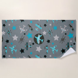 Serviette De Plage Motif d'avions gris bleu personnalisé