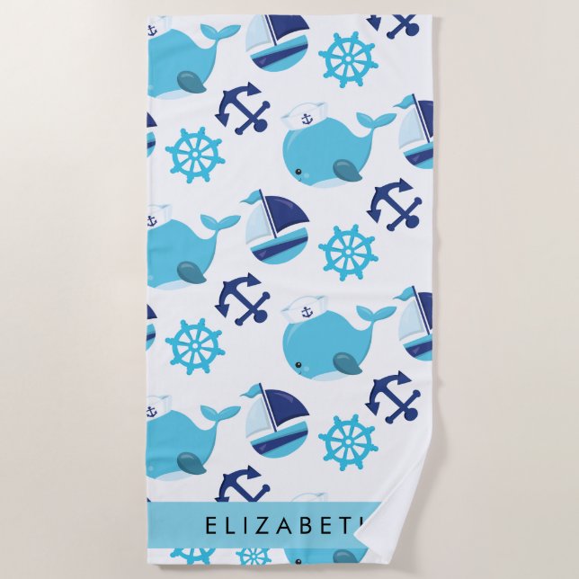 Serviette De Plage Motif De Baleines, Baleines Bleues, Votre Nom (Devant)