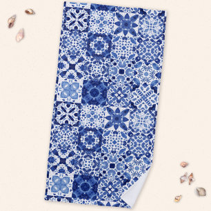 Serviette De Plage Motif de carreaux blancs et bleus méditerranéens a
