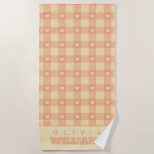 Serviette De Plage Motif de cœur à carreaux pêche, damier mignon kawa