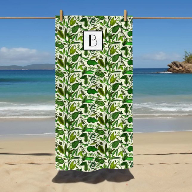 Serviette De Plage Motif de feuilles vertes botaniques monogrammées (Monogrammed Botanical Green Leaves Pattern Beach Towel)