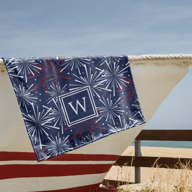 Serviette De Plage Motif de feux d'artifice d'été Monogramme (Créateur téléchargé)