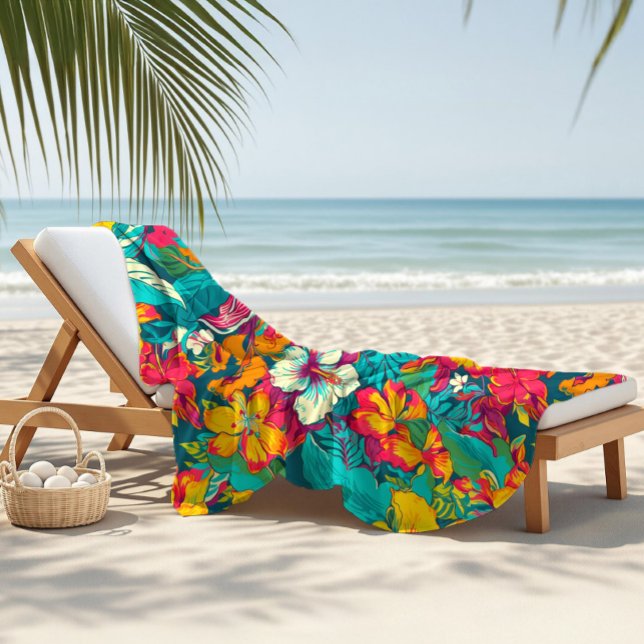 Serviette De Plage Motif de fleurs tropicales colorées (Créateur téléchargé)